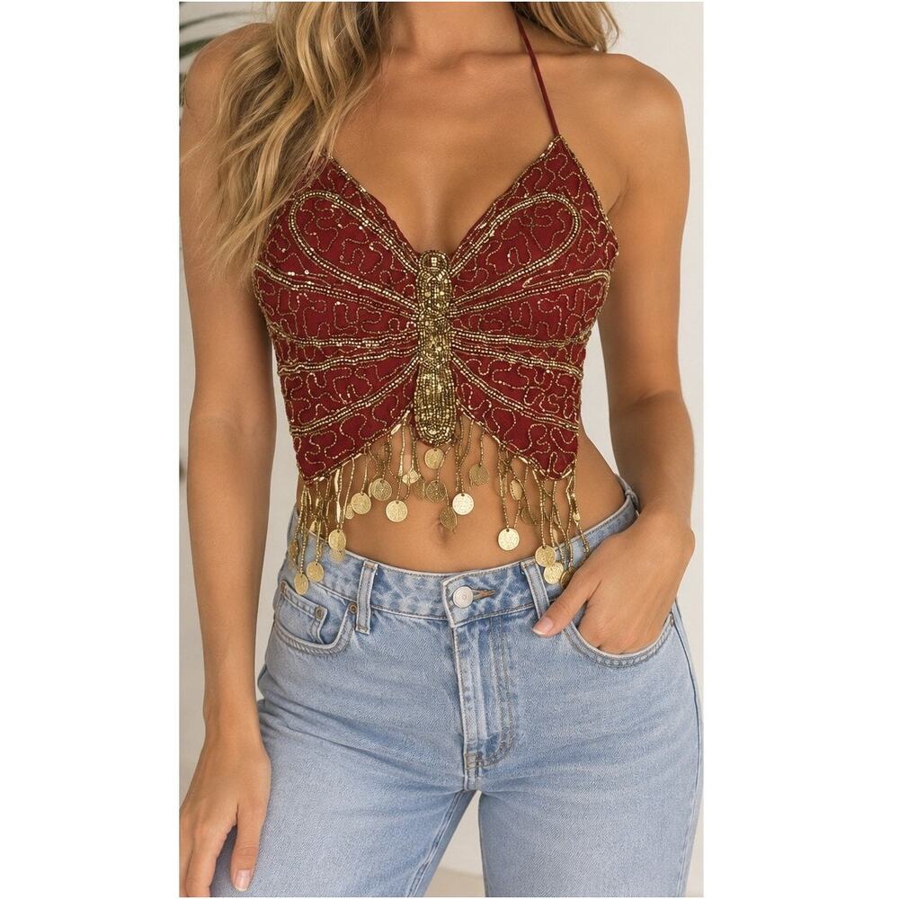 Y2K Beaded Butterfly Halter Top Red Gold Coin Fringe Festival Rave Fairycore S/M